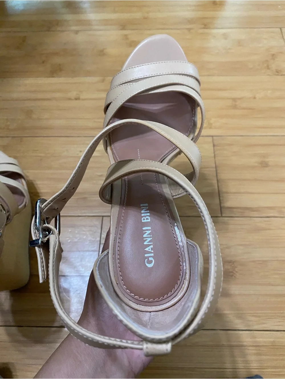 Gianni Bini Josilee Nude Strappy Wedge Sandals Size 8.5 Neutral Leather Look